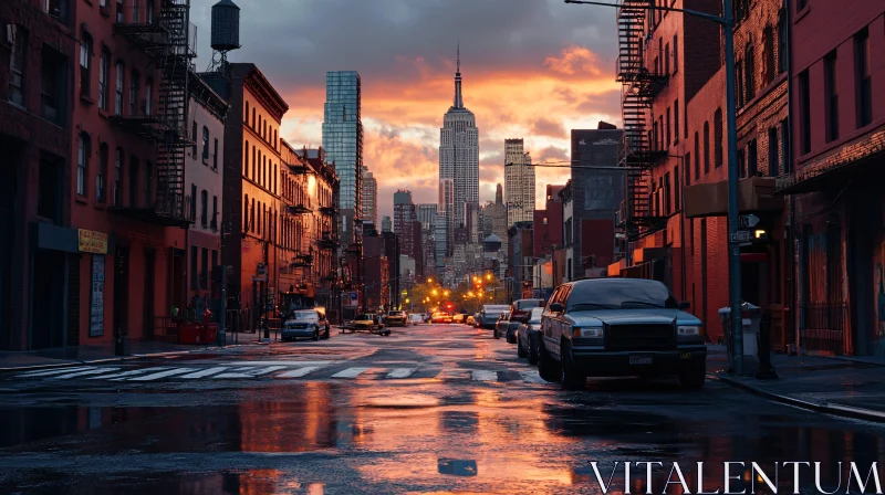 Urban Street at Dusk with Reflective Wet Pavement AI Image