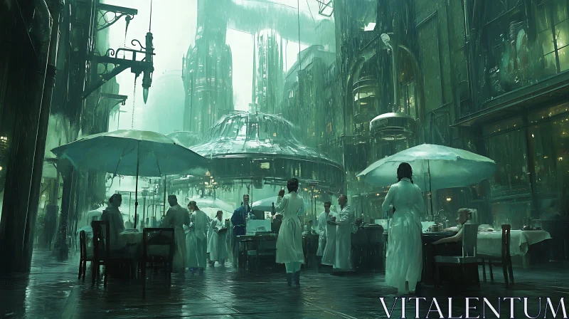 Rainy Street Dining in a Futuristic City AI Image