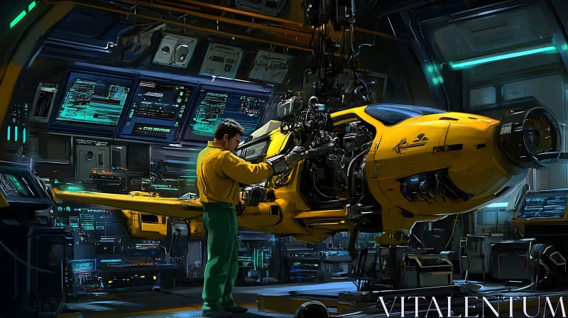 Engineer Working on Advanced Yellow Spaceship AI Image