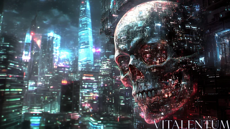 Fusion of Skull and Neon City AI Image