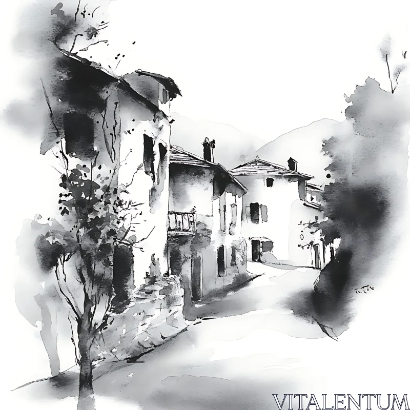 AI ART Traditional Rural Houses in Ink