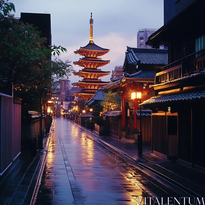 Peaceful Japanese Street at Night with Pagoda and Reflections AI Image