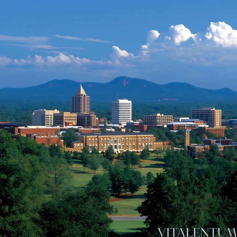 Cityscape with Greenery and Mountain View AI Image