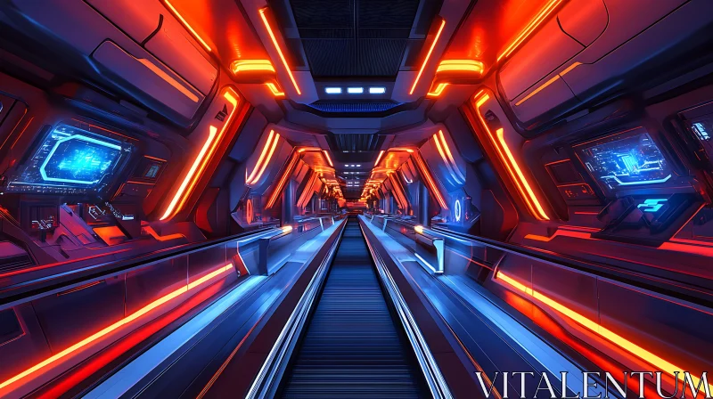 Sci-Fi Corridor with Neon Lights and High-Tech Displays AI Image