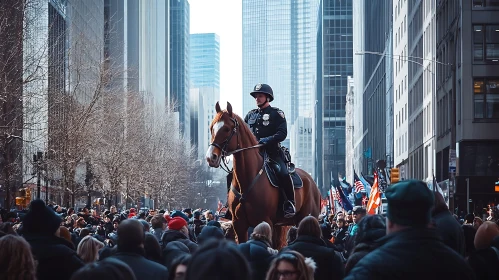 City Crowd with Mounted Police Officer