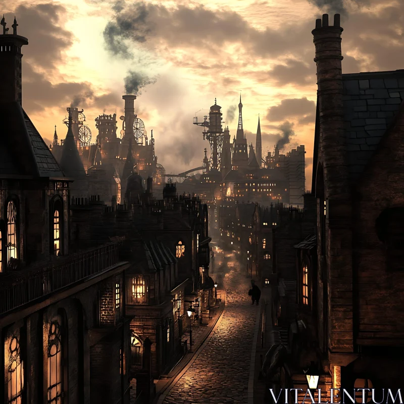 Victorian Industrial Skyline with Smokestacks AI Image