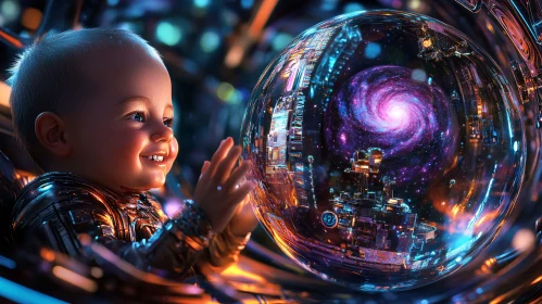 Child in a Futuristic World with a Galactic Sphere