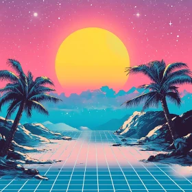 Retro Futuristic Beach Scene with Palms and Bright Sun