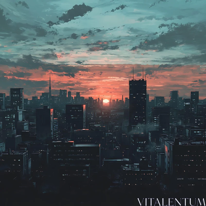 AI ART Urban Sunset: Silhouetted Buildings and Vibrant Sky