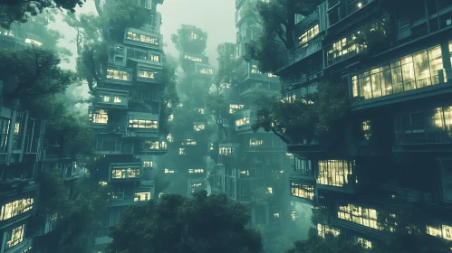 Ethereal Cityscape with High-Rise Buildings and Trees