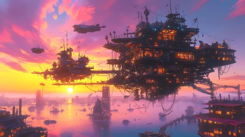 Sunset Over a Futuristic Floating City