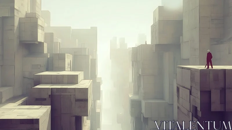 AI ART Mysterious Blocky Cityscape with Solitary Figure