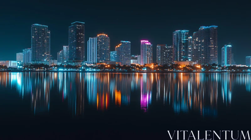 AI ART Nighttime Urban Skyline with Reflective Water