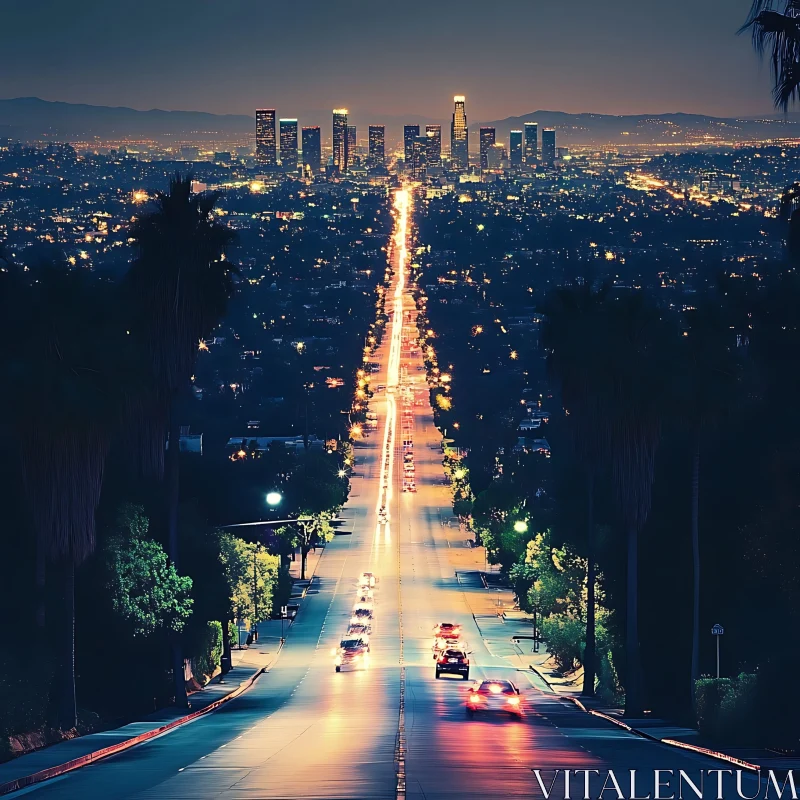 Urban City Night View with Lighted Street and Skyscrapers AI Image