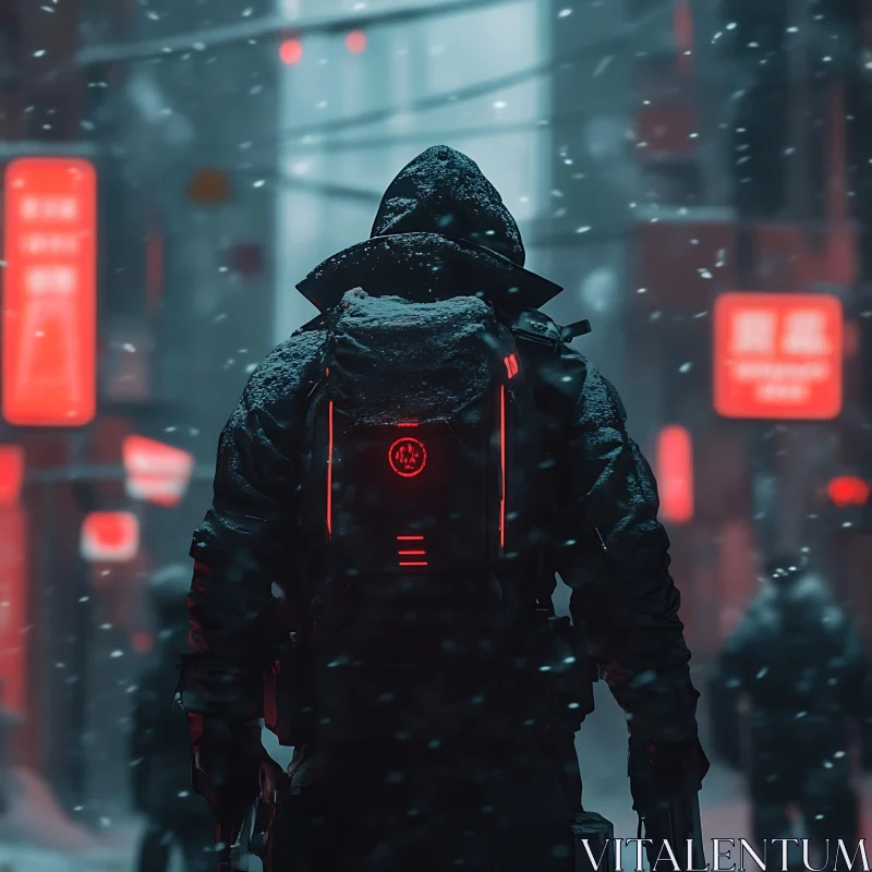 Futuristic Hooded Figure in Snowy Alley AI Image