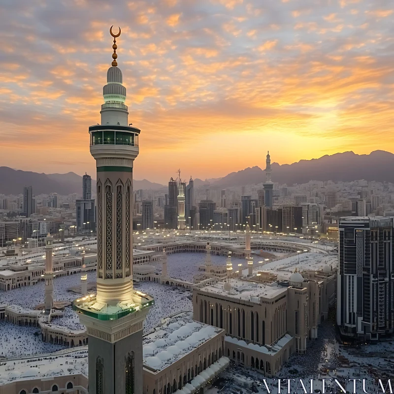 A Majestic Mosque and Cityscape at Dusk AI Image