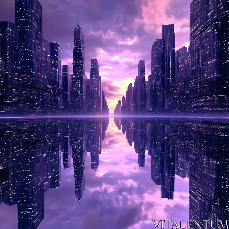 Symmetrical Sunset Skyline with Reflections AI Image