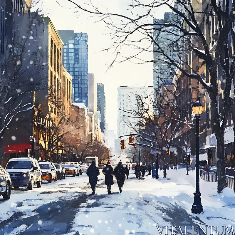 Urban Winter Wonderland with Snowy Streets and High-Rises AI Image