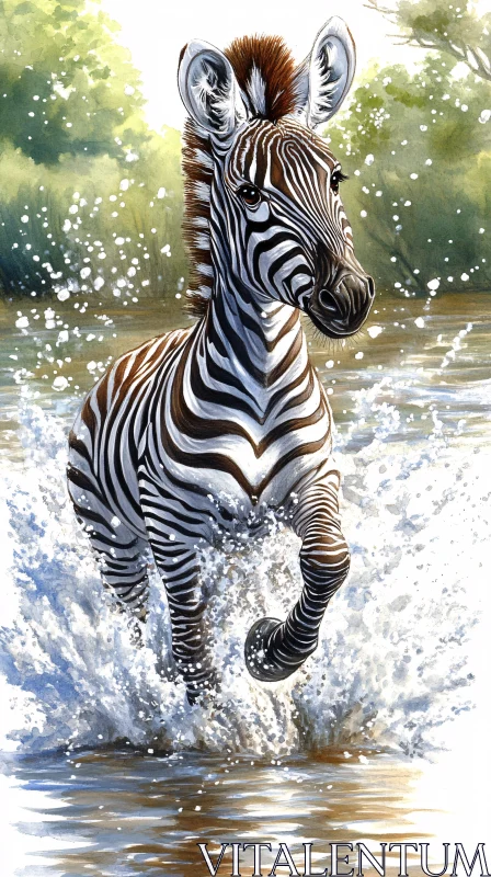 Zebra in Motion Across River AI Image