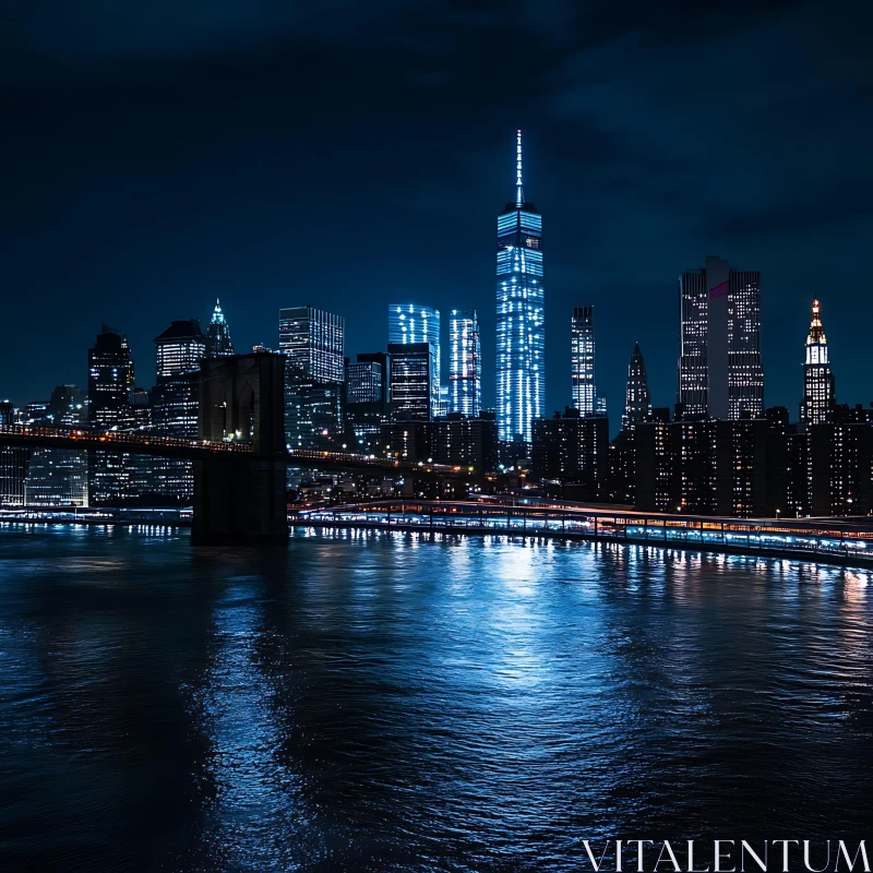 Mesmerizing Night View of City with Stunning Skyscrapers and Bridge AI Image