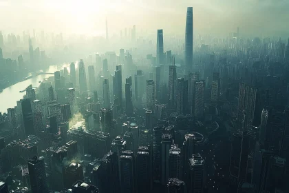 Hazy Metropolis with Towering Skyscrapers