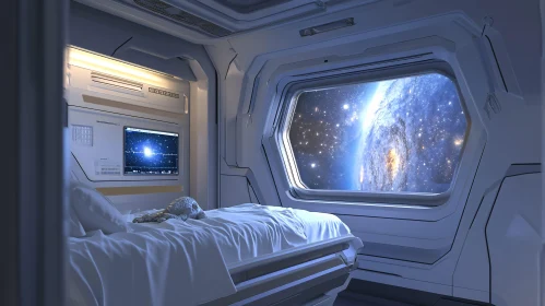 Modern Space Station Interior with Earth View from Bed