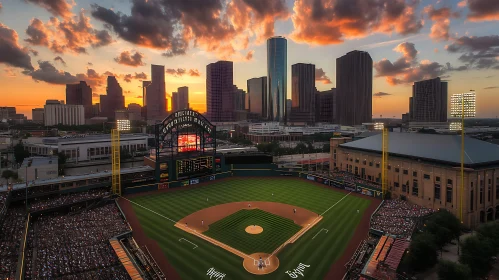 Sunset City Skyline Baseball Stadium View