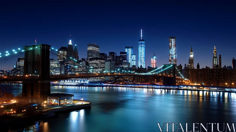 Night Cityscape with Bright Skyscrapers and Elegant Bridge AI Image