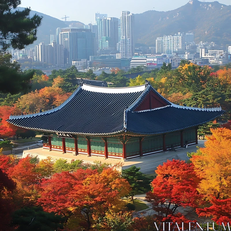 Temple in Autumn with Modern City Background AI Image