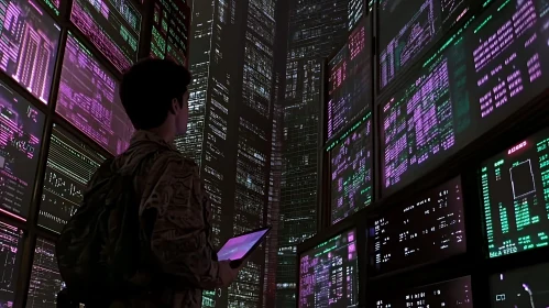 Cyberpunk Urban Environment with Neon Data Displays