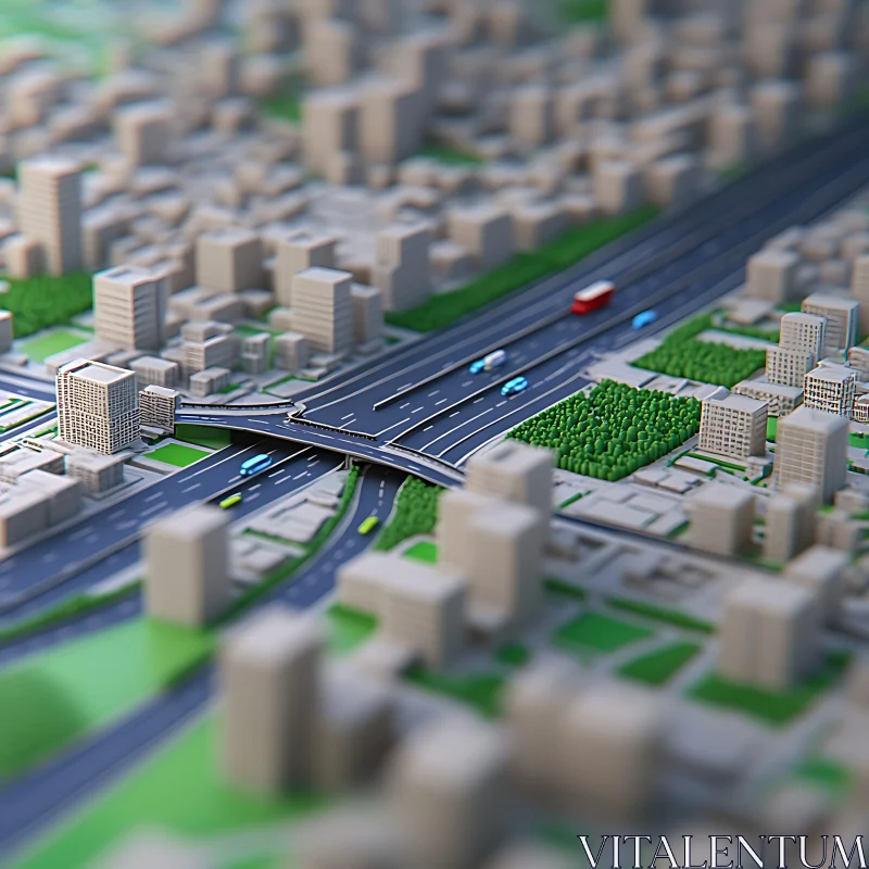 Miniature Cityscape with Highways and Green Spaces AI Image