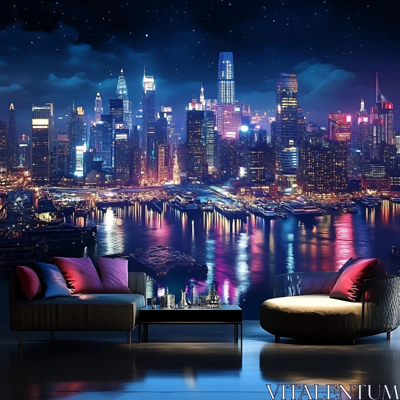 Urban Night Skyline from a Modern Living Room AI Image