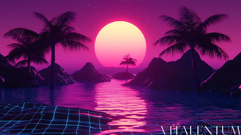 Retro-Futuristic Sunset with Palm Trees and Water AI Image