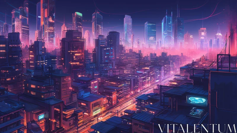 Urban Cyberpunk City Skyline under Neon Lights AI Image