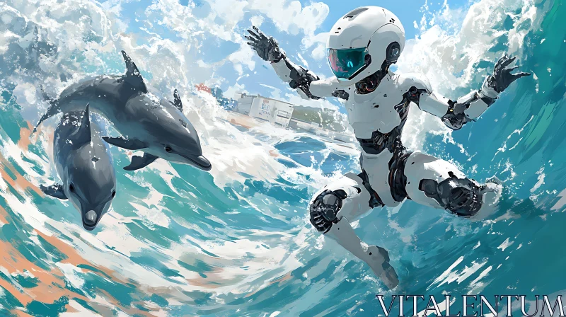 Advanced Tech Robot Enjoying Ocean Surf with Dolphins AI Image