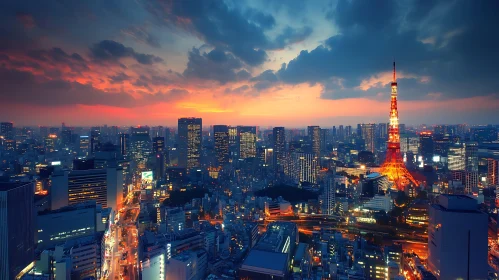 Sunset Over Tokyo with Glowing Tokyo Tower