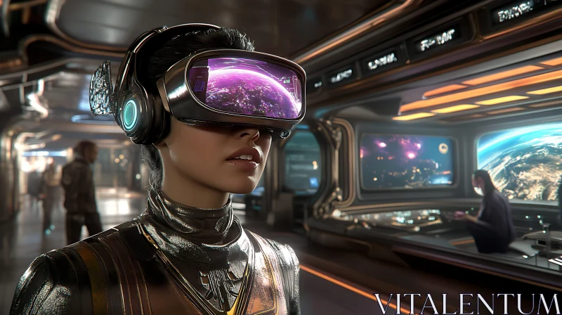 AI ART Cyberpunk Woman with VR Headset in a Spacecraft