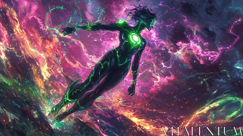 Neon Cyborg in Galactic Space AI Image