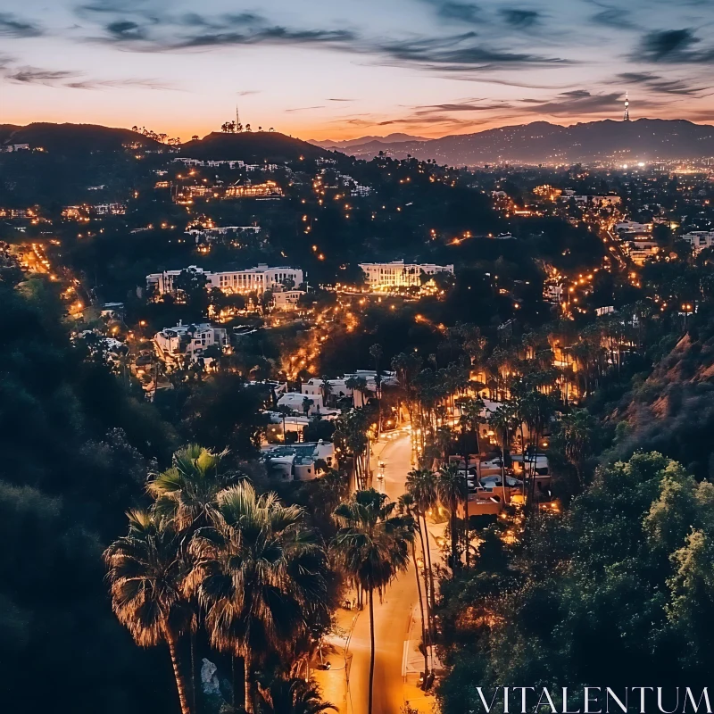 Night view of a serene cityscape with glowing lights AI Image