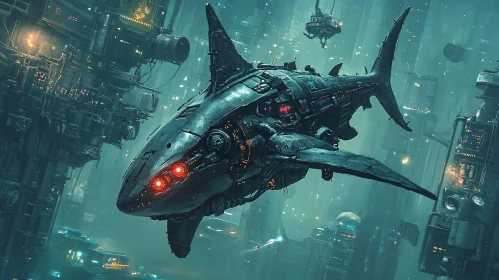 Cyborg Shark in Futuristic Urban Landscape