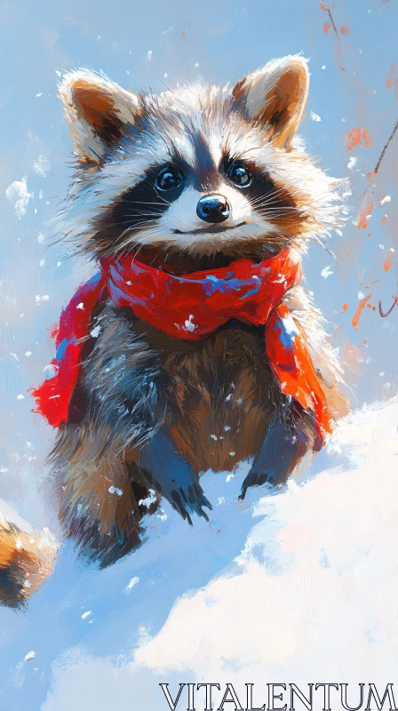 AI ART Raccoon with Red Scarf in Snow