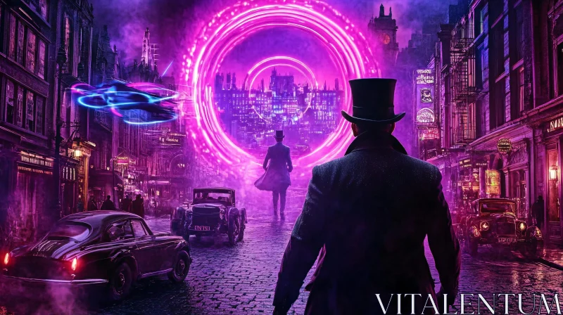 Steampunk City and the Purple Portal AI Image