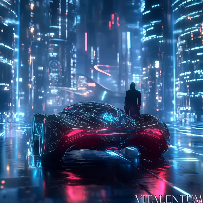 Neon Urban Landscape with Futuristic Vehicle and Figure AI Image