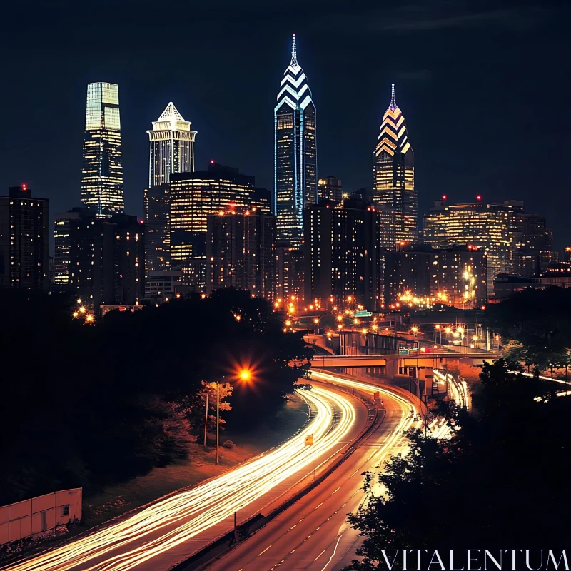 Illuminated Urban Skyline with Highway Light Trails at Night AI Image