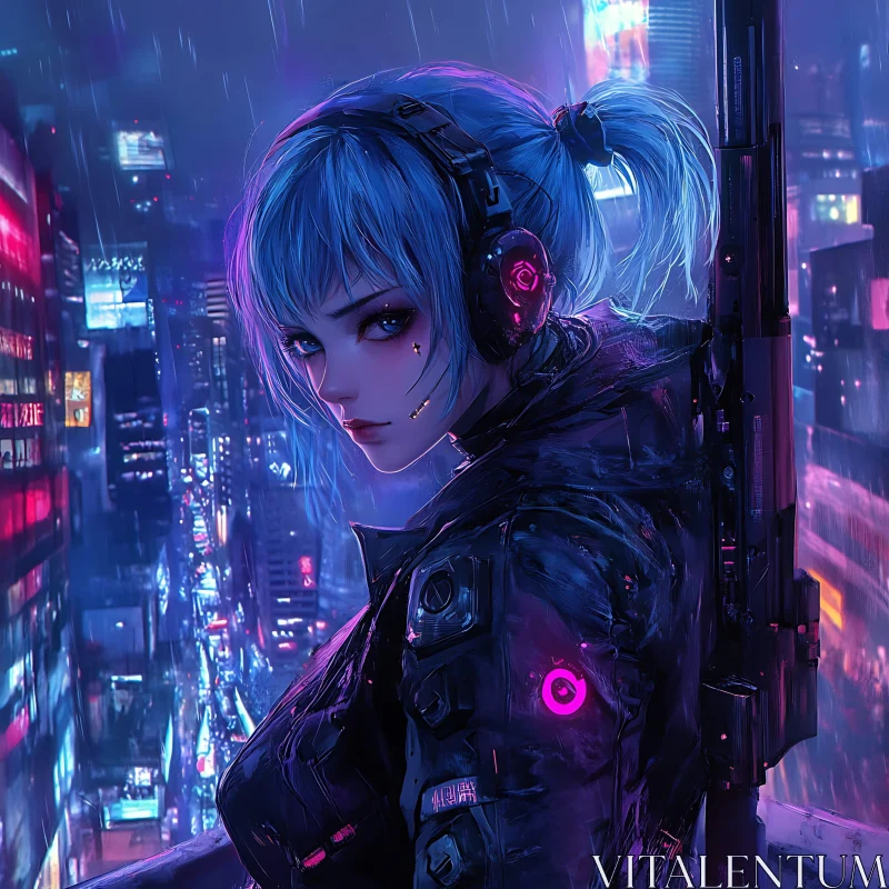 AI ART Neon Cityscape with Blue-Haired Cyberpunk Character