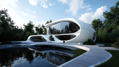 Futuristic House with Curved Windows and Pond