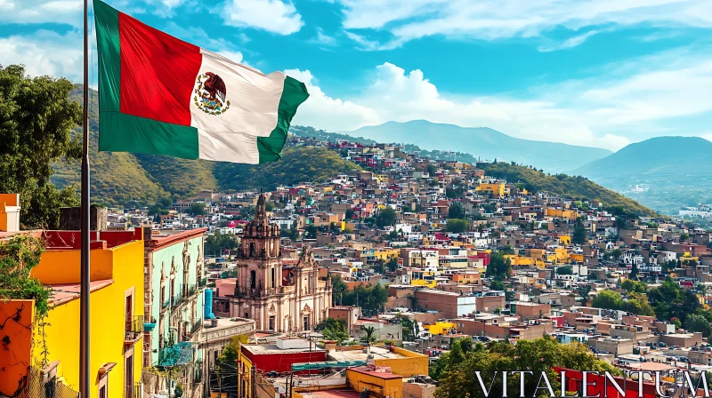 Mexican Cityscape with Waving Flag and Colorful Buildings AI Image