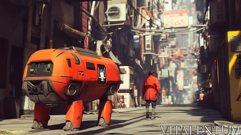 Red Robotic Vehicle in a Futuristic City Alleyway AI Image