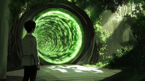 Person Standing in Front of Glowing Green Portal