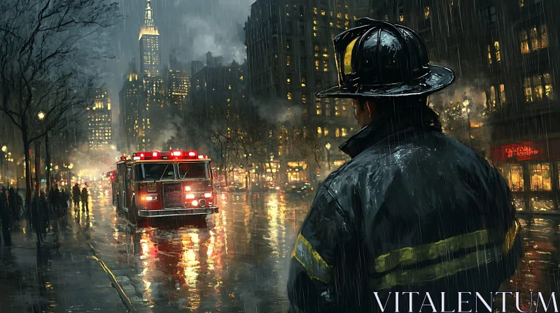 Urban Firefighting Scene in the Rain AI Image